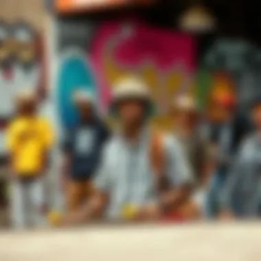 Skateboarders in Stylish Bucket Hats An outdoor scene depicting a group of skateboarders, all wearing stylish bucket hats, amidst urban art.