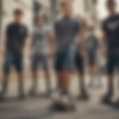 A group of skateboarders representing diverse styles with elastic shorts