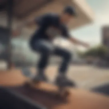 Skateboarder showcasing unique exo clothing designs