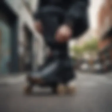 A skateboarder wearing the Fila Disruptor II Premium Black while performing a trick in an urban environment.