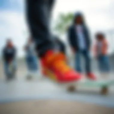 Group of diverse skaters showcasing Fila Spaghetti Shoes at a skatepark