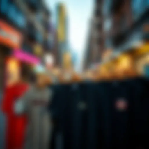 A collection of humorous pocket tees displayed in a vibrant urban setting.