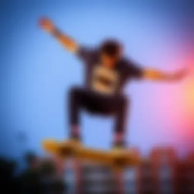Skateboarder wearing a quirky pocket tee while performing a trick.
