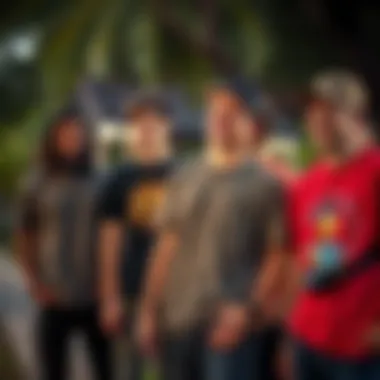 A group of friends wearing funny pocket tees at a casual gathering.