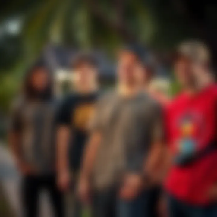 A group of friends wearing funny pocket tees at a casual gathering.