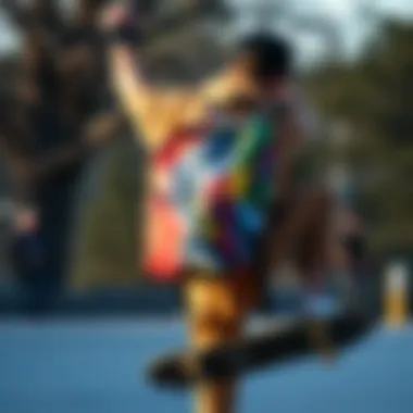 Skateboarder showcasing a colorful backpack during a trick