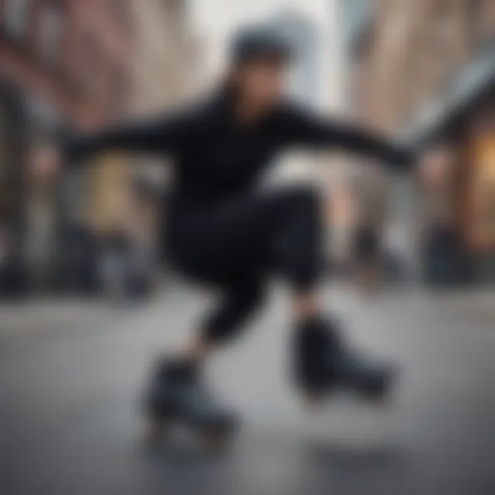 Person engaging in skating with Heelys all-black shoes in an urban environment