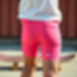 Vibrant hot pink biker shorts displayed against a skateboard