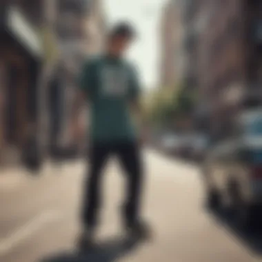 Skateboarder wearing a Huf graphic tee in an urban setting