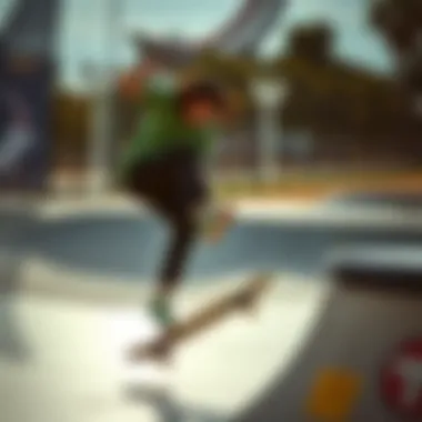 Skateboarder performing tricks in green half cabs at a vibrant skate park