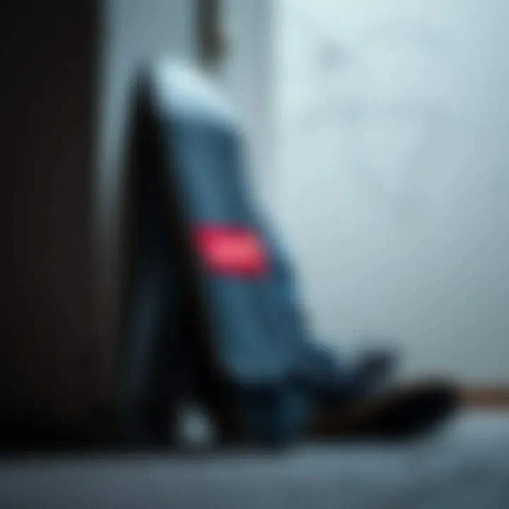 Levi's Pants and Skateboard Against the Wall A skateboard resting against a wall beside Levi's black denim pants