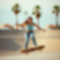 A skater demonstrating the light blue tank top crop in action on the skate park