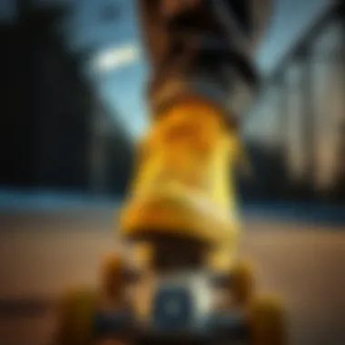 Close-up of light yellow Chuck Taylors on a skateboard