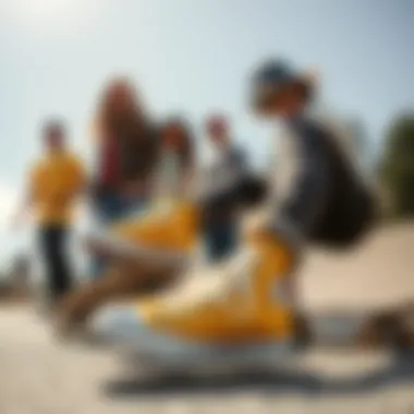 Group of skateboarders showcasing diverse styles with light yellow Chuck Taylors