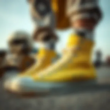 Stylish outfit featuring light yellow Chuck Taylors and skateboarding gear