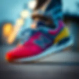 Close-up view of New Balance 574 Multicolor sneaker showcasing its vibrant design
