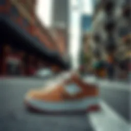 Dynamic view of New Balance platform sneakers on a city street