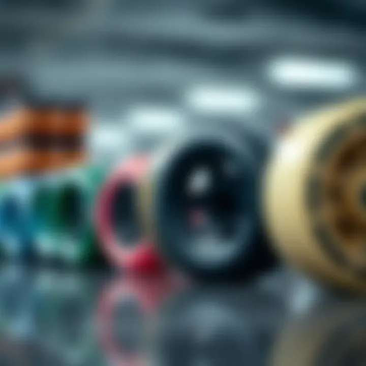 Side view of various skateboard wheels arranged by size