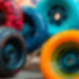 Close-up of skateboard wheels showcasing texture and color