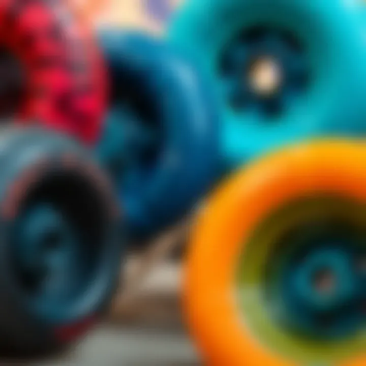 Close-up of skateboard wheels showcasing texture and color