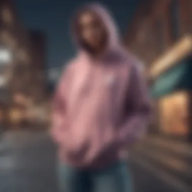 The hoodie displayed in an urban setting, highlighting its fashionable appeal