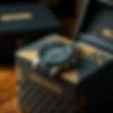 A close-up view of the intricate detailing on a Nixon watch box