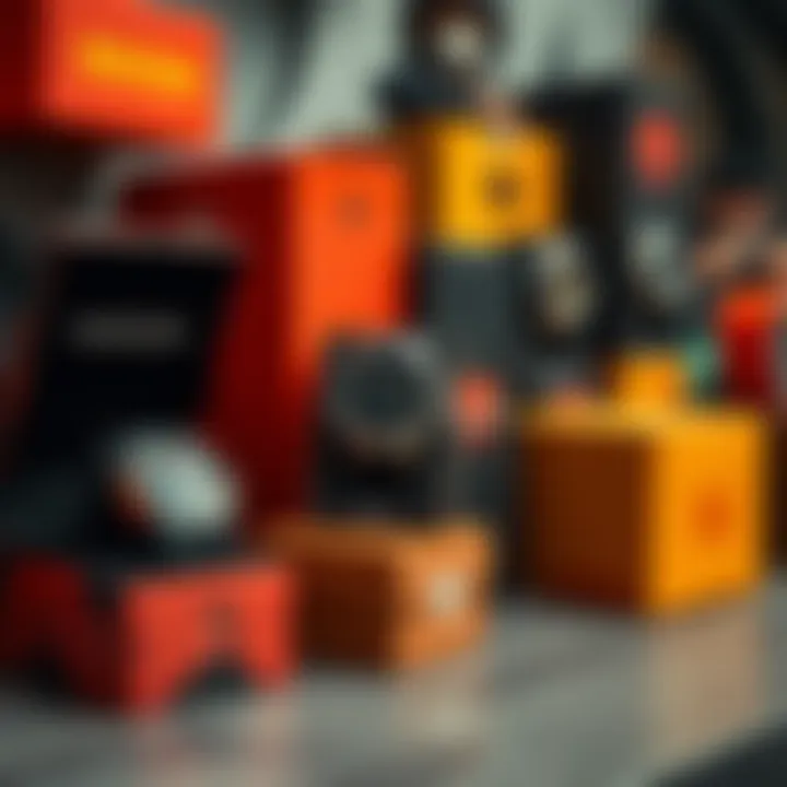 An artistic display of various Nixon watch boxes showcasing their unique designs