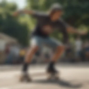 Skateboarder showcasing shorts during a trick