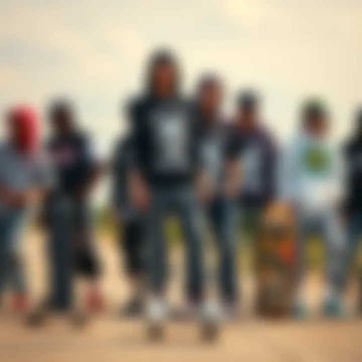 Diversity in Skate Fashion A group of skateboarders showcasing various Odd Future clothing styles
