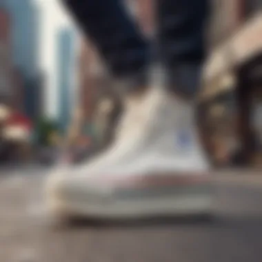 Off White High Top Platform Converse in an urban skate setting, representing street fashion