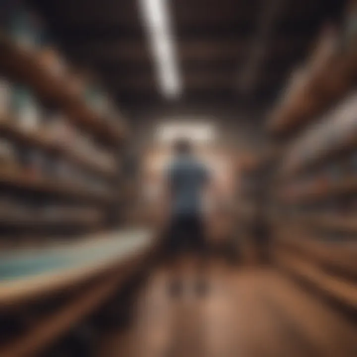 Individual examining longboards in a specialized shop