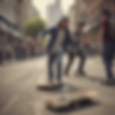 A group of skateboarders riding with passport decks in an urban setting