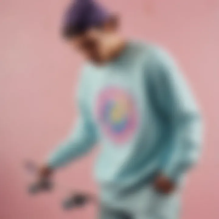 Skateboarder wearing a pastel tie dye sweatshirt performing a trick