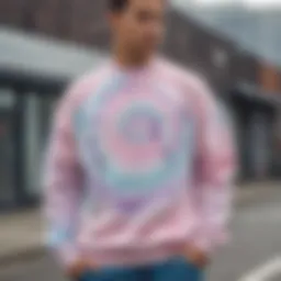 A vibrant pastel tie dye sweatshirt displayed in an urban setting