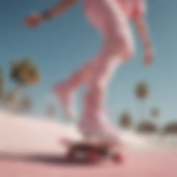 Skateboarder performing tricks wearing powder pink Vans