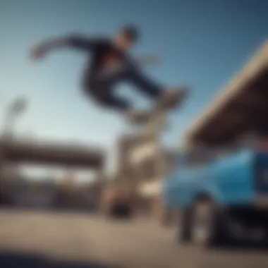 A dynamic action shot of a skateboarder performing tricks with Powell Peralta trucks.