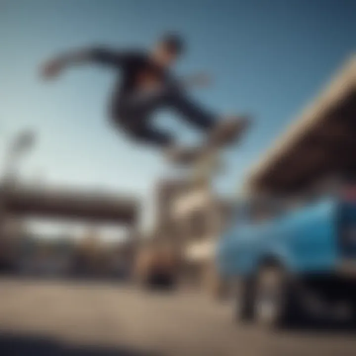 A dynamic action shot of a skateboarder performing tricks with Powell Peralta trucks.