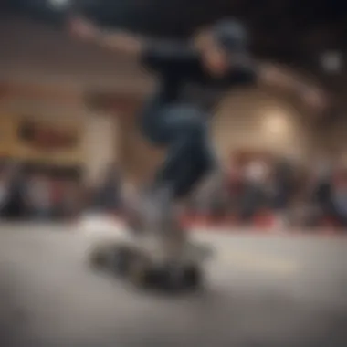 A skateboarder performing tricks, highlighting the performance of Powell Peralta trucks in action.