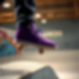 Dynamic purple skate shoes on a skate ramp