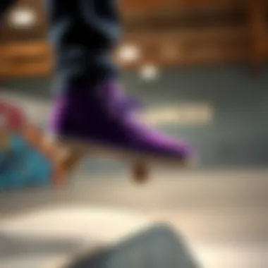 Dynamic purple skate shoes on a skate ramp