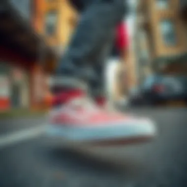 A stylish individual showcasing their red and checkered Vans in an urban environment