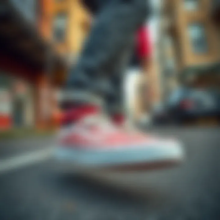 A stylish individual showcasing their red and checkered Vans in an urban environment