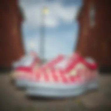 A vibrant pair of red Vans shoes with checkered patterns