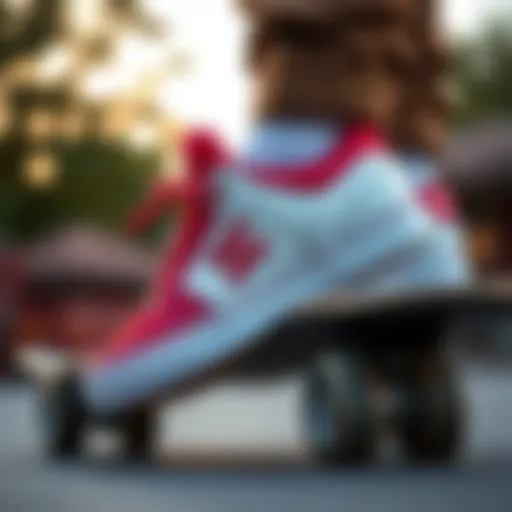 Stylish red and white DC shoes on a skateboard