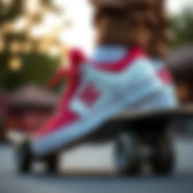 Red and White DC Shoes in Action Stylish red and white DC shoes on a skateboard