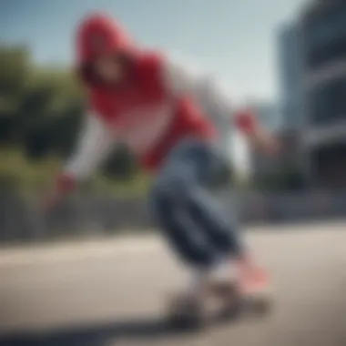 A skateboarder sporting the red and white graphic hoodie while performing a trick.