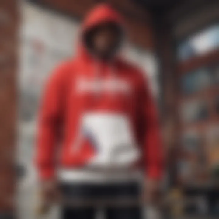 A vibrant red and white graphic hoodie showcased against a skateboard backdrop.