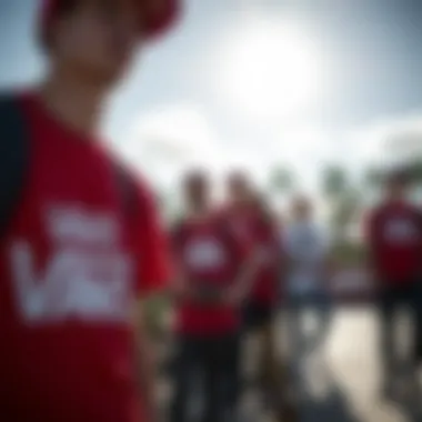 Skate Culture Representation with Vans Shirts Group of skaters wearing red and white Vans shirts at a skate park