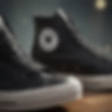 A close-up of black Chuck Taylor detailing