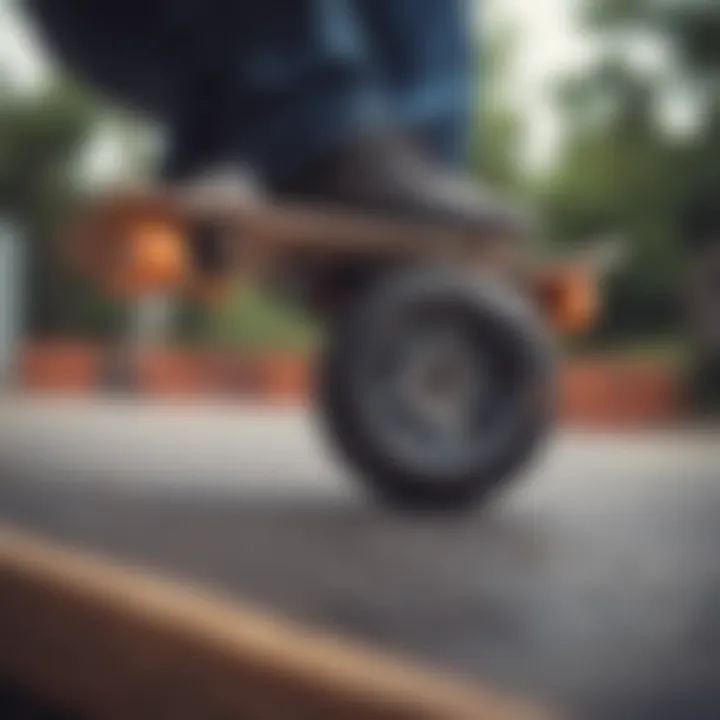 A close-up of skateboard wheels highlighting technical features